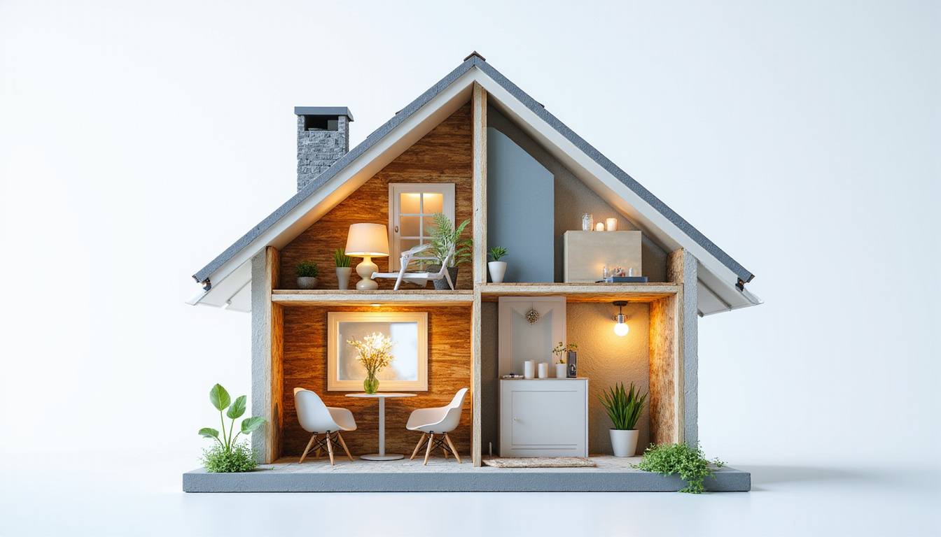  Cutaway house cross-section showing insulation, double-glazed windows, solar panels, LED lights, energy bill arrow down