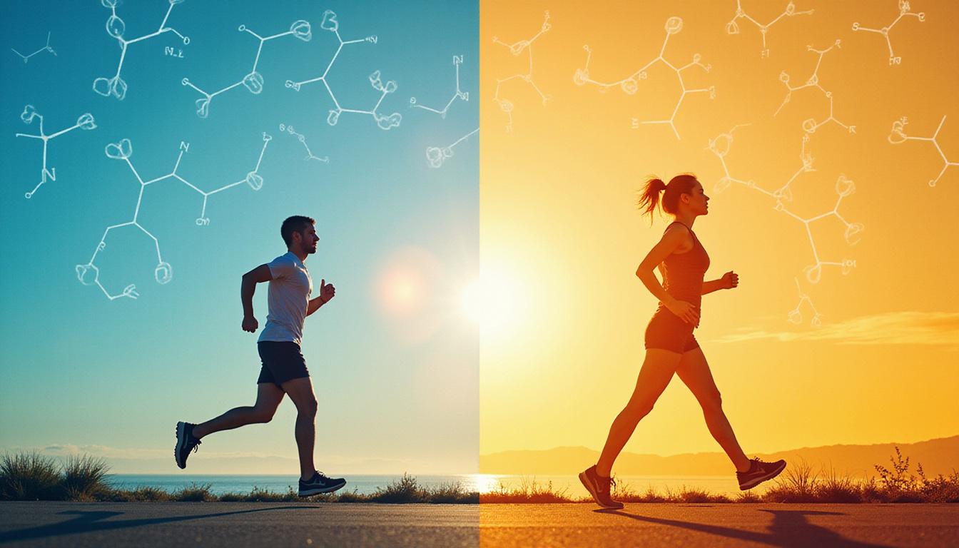  Vibrant transformation scene: person jogging, healthy meal, sun, hormones glowing, blueprint overlay