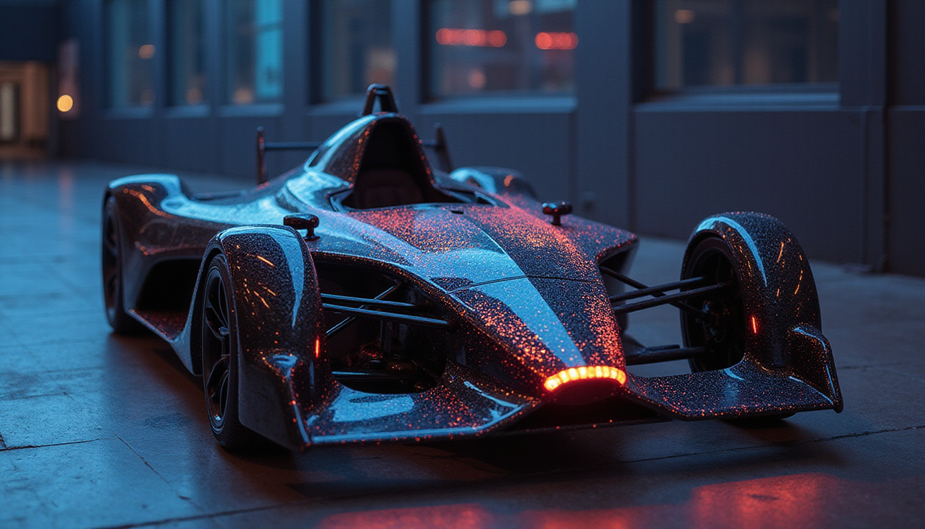  Aero-optimized carbon fiber single-seater with digital pressure maps, predictive algorithms glowing on dashboard