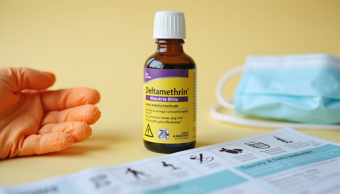  Close-up of labeled deltamethrin bottle, safety icons, gloves, mask, instruction leaflet