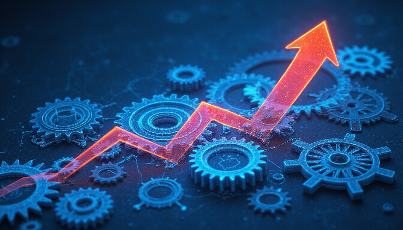 Blueprint-style interface showing tactical workflows, gears transforming into upward arrows, rapid business expansion