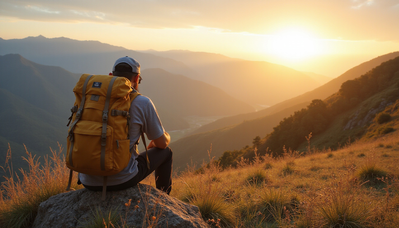 Fotografer backpacker budget memotret formasi batu kapur, pasir emas, langit oranye