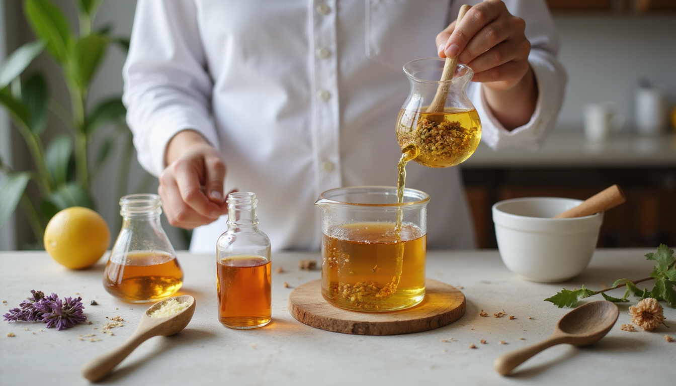 Artisan chemist blending botanical serums in glass beakers, mortar, wooden spoons, minimal luxe aesthetics