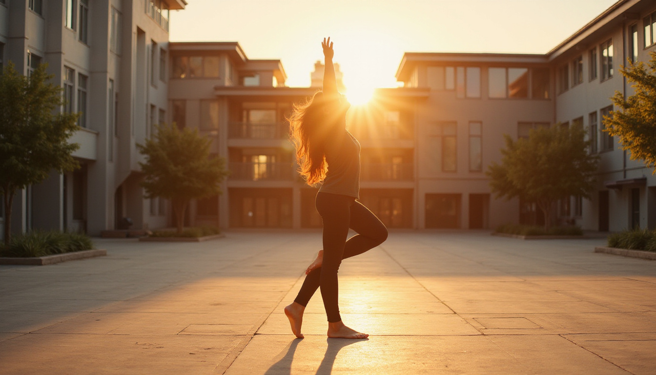  Morning teacher practicing standing forward fold outside school courtyard, warm sunrise glow, breath visible