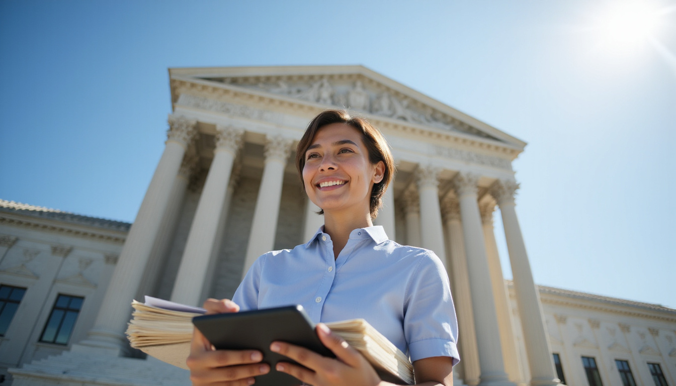  Confident person smiling outside courthouse holding stacked documents and calculator, sunlight, hopeful blue sky