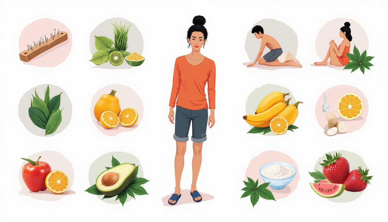  Illustrative collage of nine expert strategies: acupuncture, herbal remedies, stretching, nutrition, sleep, therapy, breathing