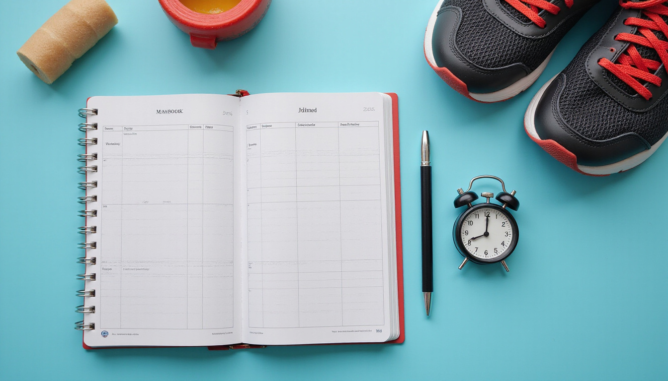  Minimalist training plan notebook, injured knee taped, stopwatch, running shoes, clean modern aesthetic