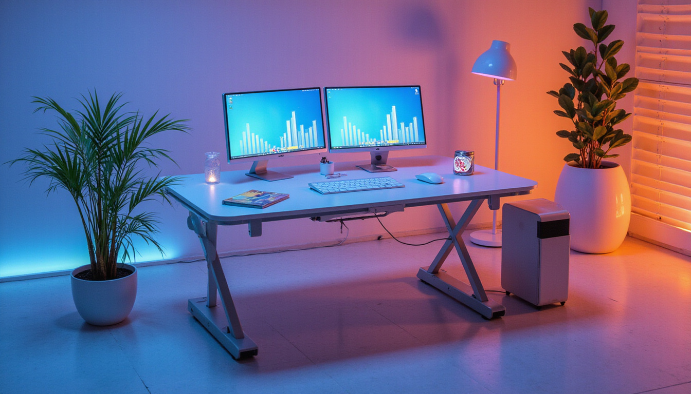  Futuristic workstation, adjustable desk rising, tools emitting energy, productivity graphs soaring