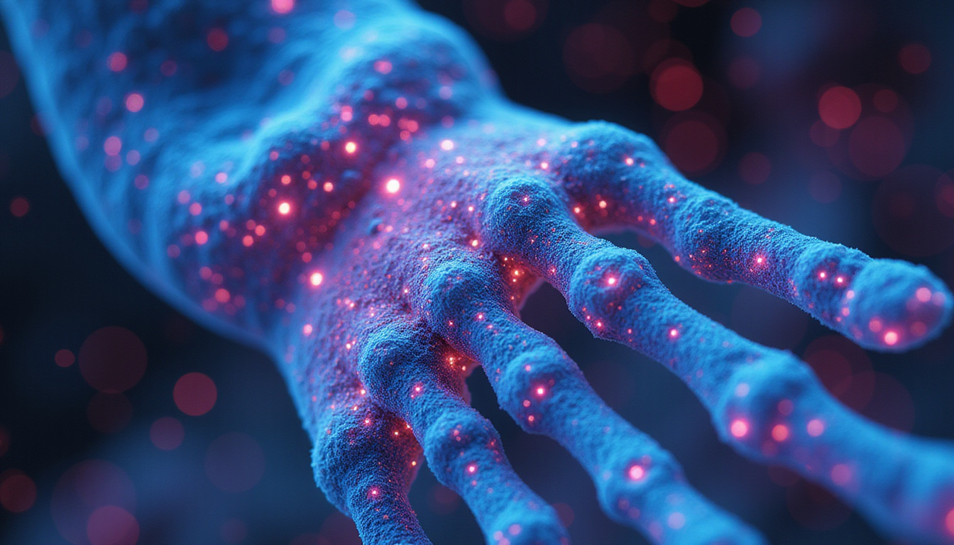  Microscopic view of cartilage regeneration, vibrant cells repairing joint, futuristic bioresearch laboratory lighting