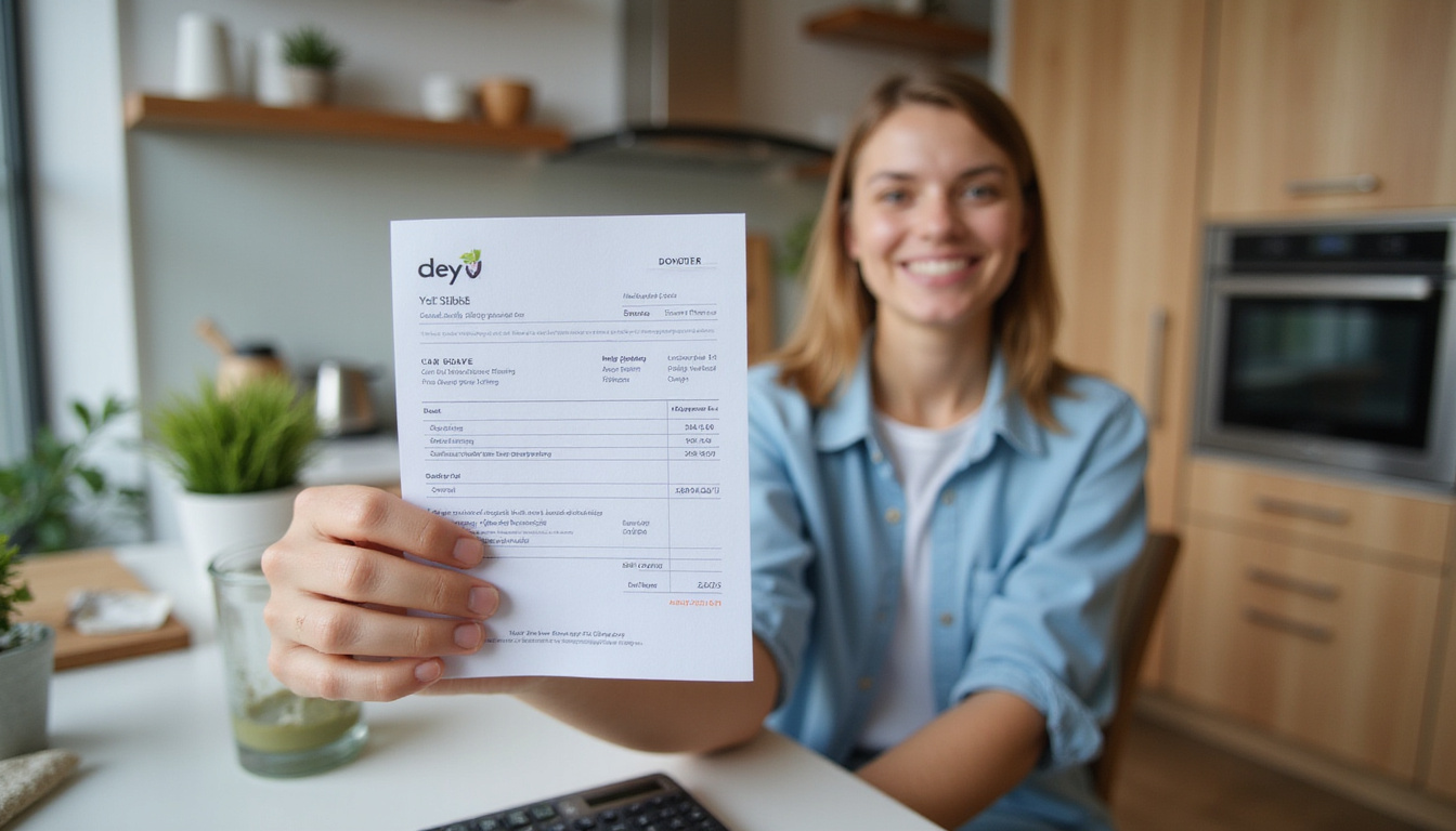  Close-up of smiling donor handing tax receipt, calculator and labeled appliance tags, eco-friendly vibe