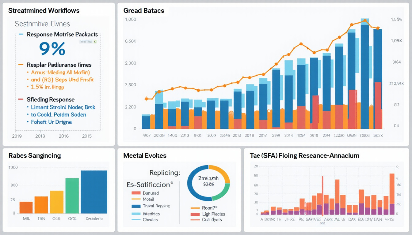 Infographic-style dashboard showing streamlined workflows, reduced response times, satisfaction metrics rising, bright modern design
