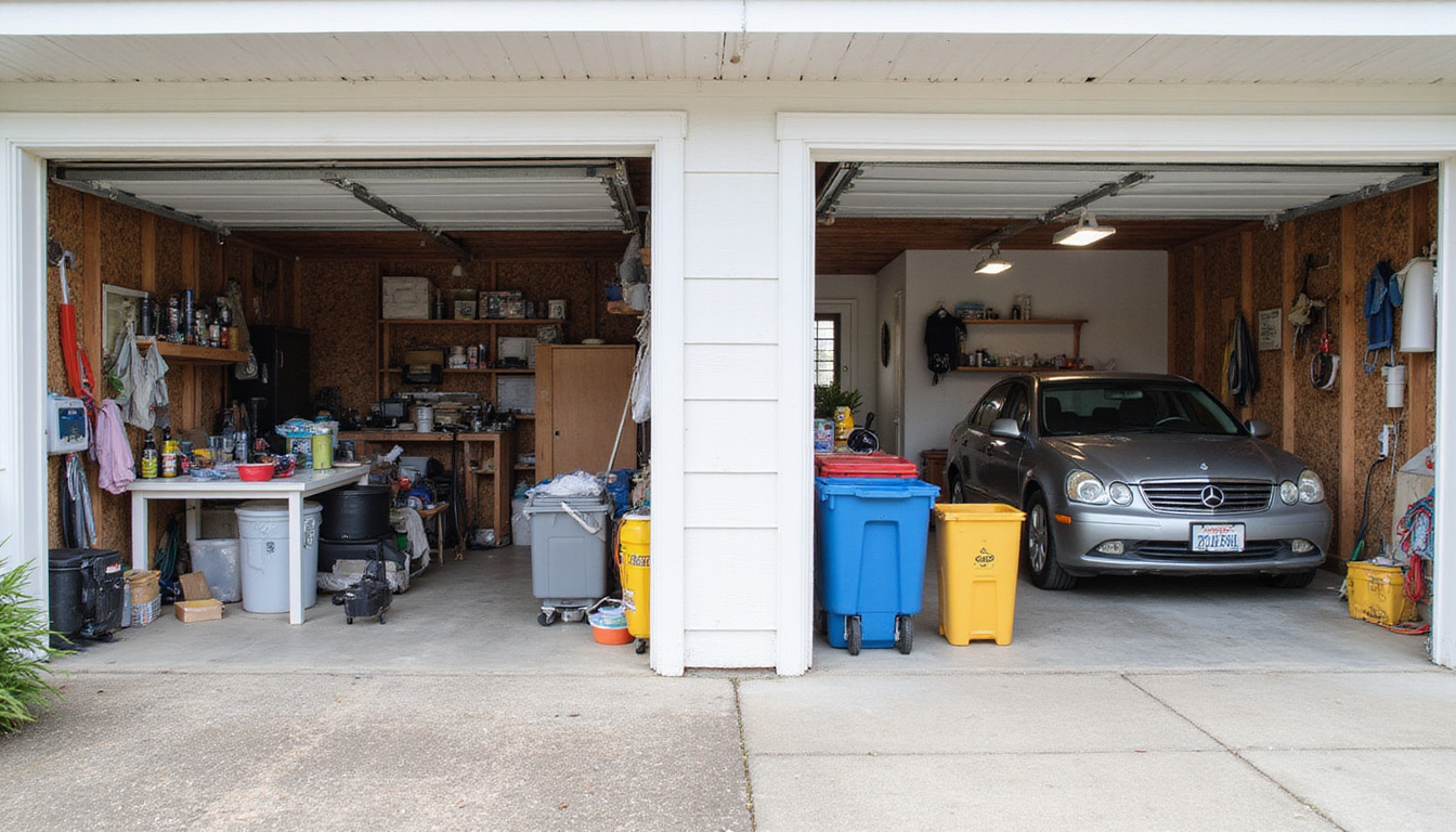  Before-and-after garage transform, clutter cleared, airy reclaimed space, coastal home, recycling bins