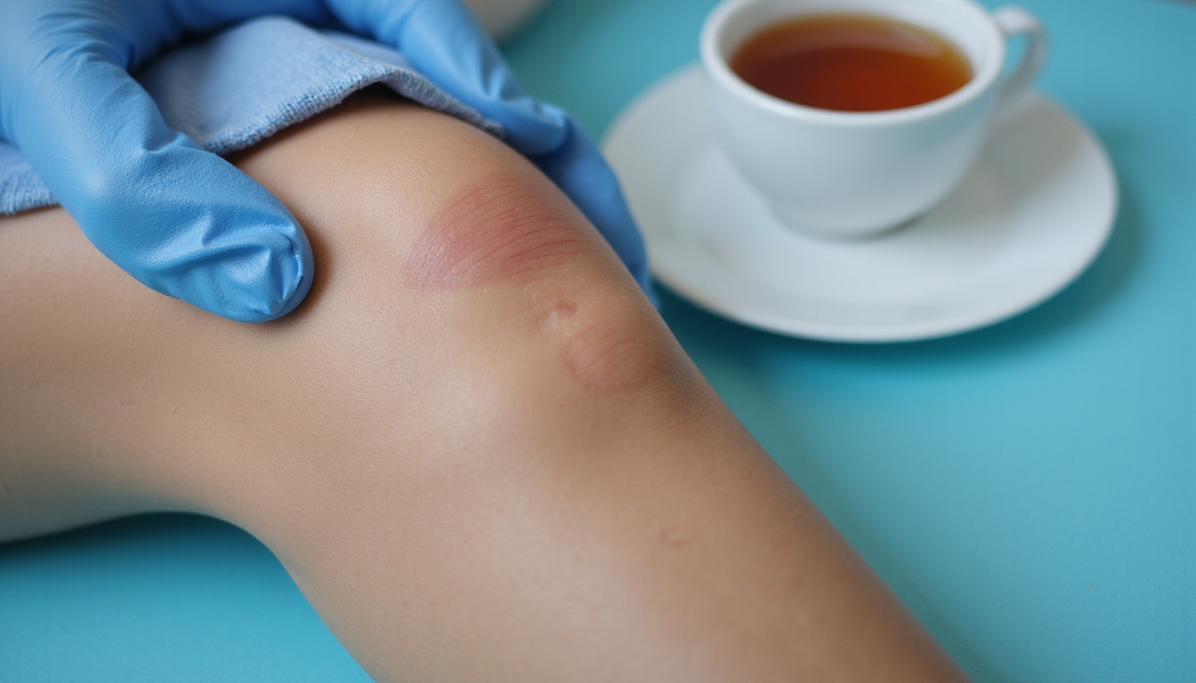  Close-up of healing arthroscopic knee scar, soothing blue compress, herbal tea and recovery checklist