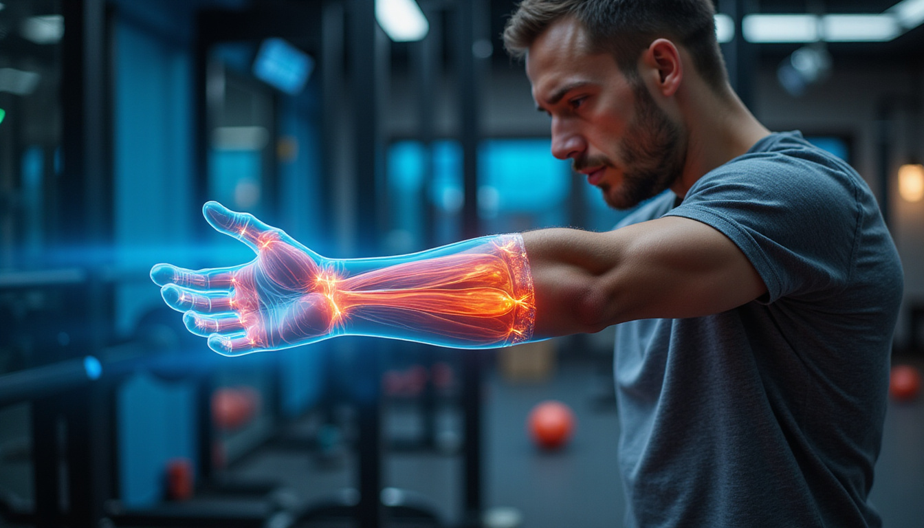  Dynamic scene: athlete stretching forearm, kinesiology tape, glowing muscle anatomy overlay, vibrant court