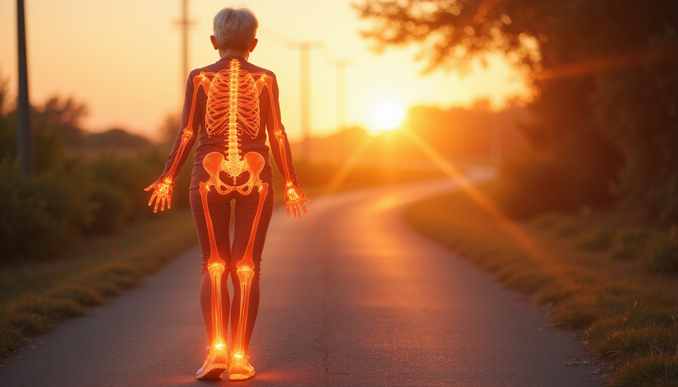  Anatomical overlay on elderly woman walking confidently, glowing joints, sunrise light, hopeful atmosphere