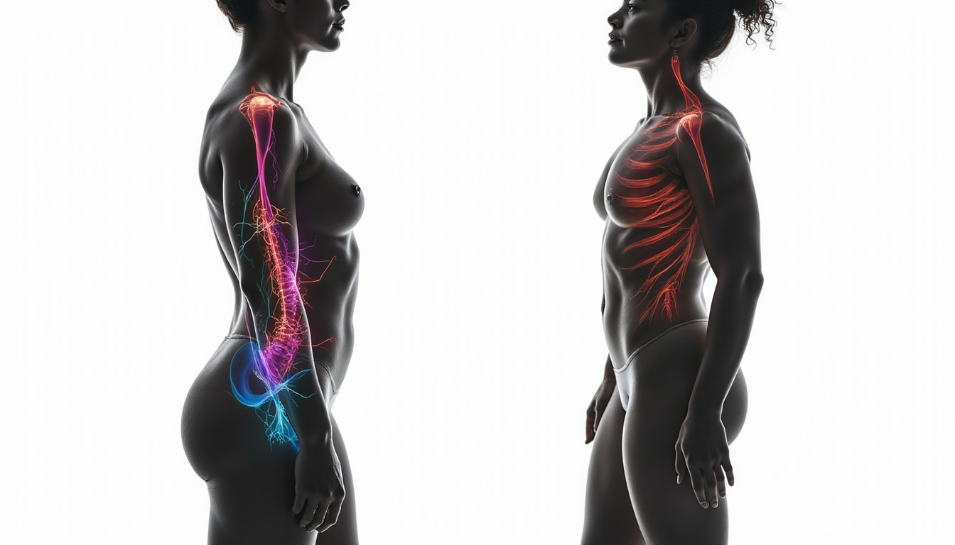  Before-and-after silhouette transformation, improved posture, strong posterior chain, anatomical muscle labels, high-contrast studio