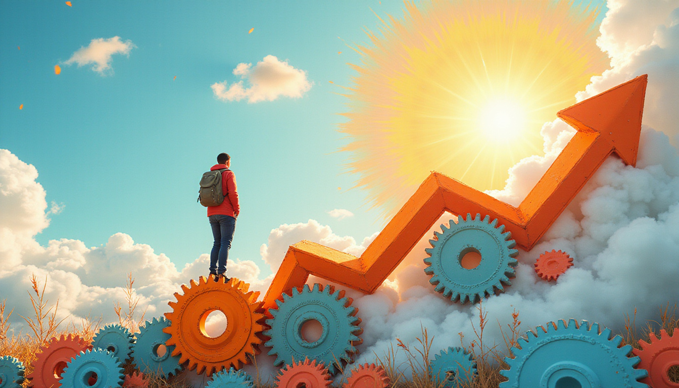  Scrappy startup team turning small budget gears to skyward revenue graph bursting into sunlight