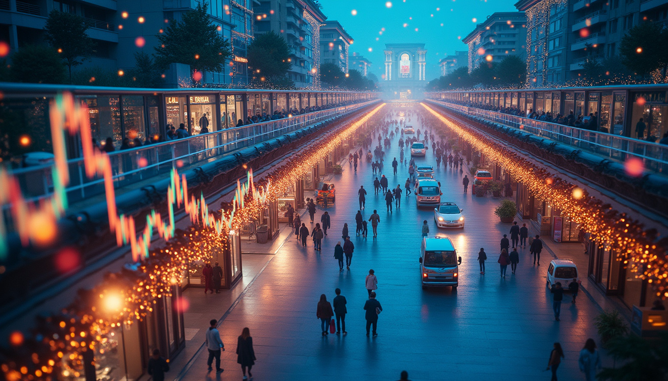  Aerial view of bustling retail plaza, digital charts overlay showing rising offers, vibrant city lights