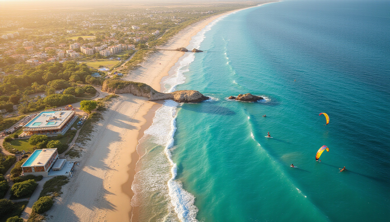  Aerial view of Soma Bay coastline, sandy beaches, kite surfers, spa complex, golden light