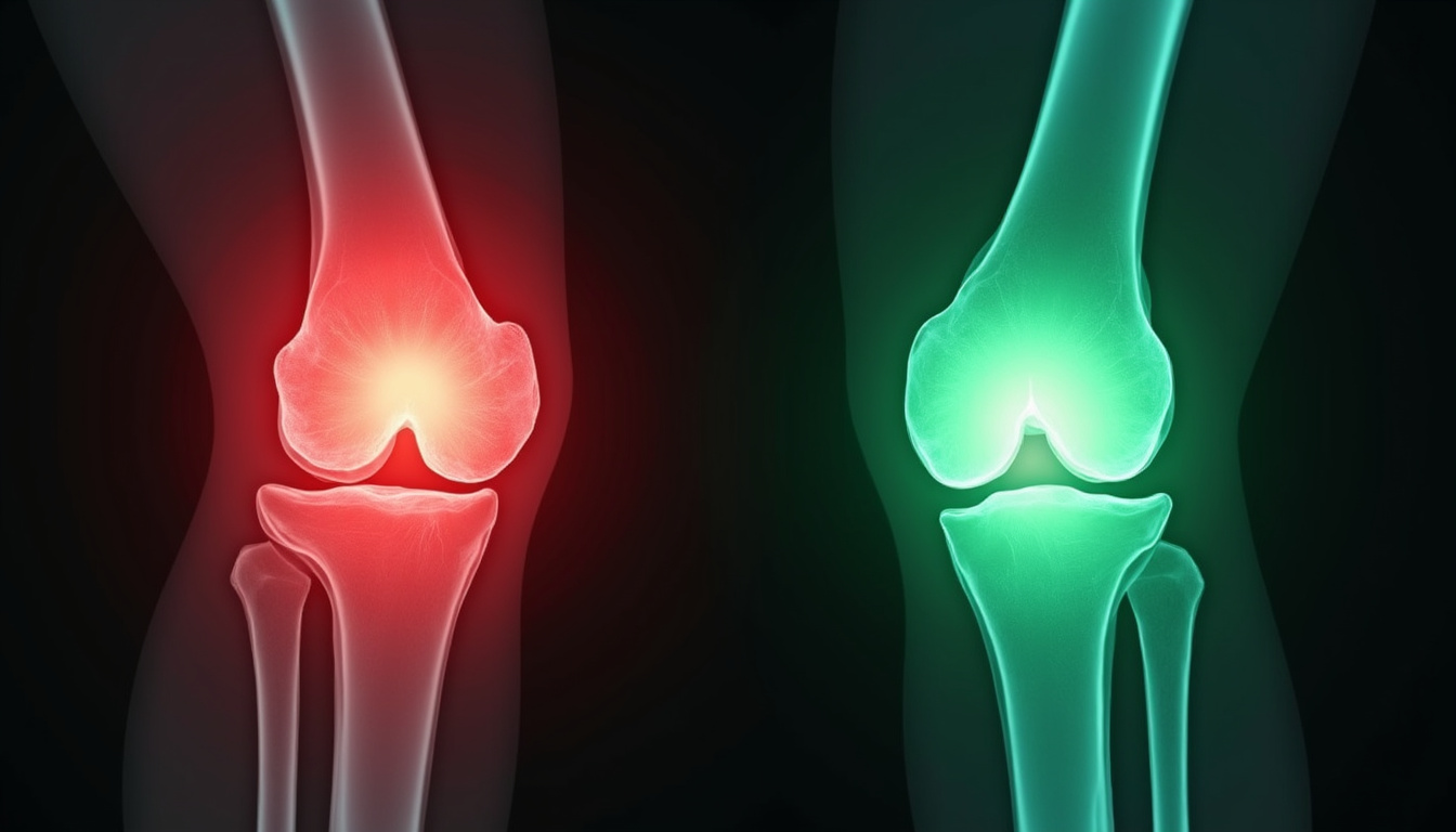  Before and after knee X-ray overlay, inflamed red area vs green relief, hopeful patient