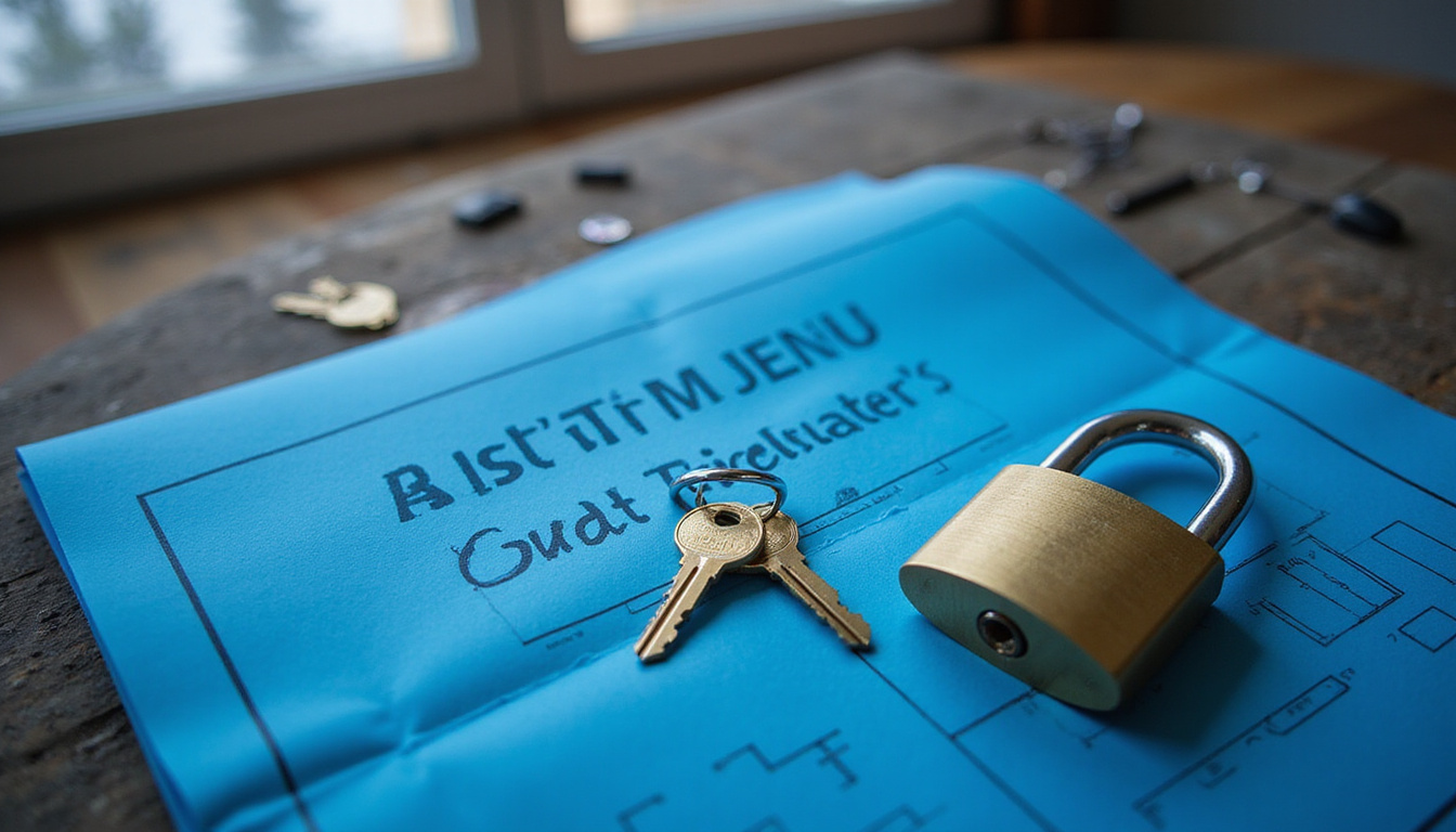  Blueprint, sealed folder labeled Licenses, padlock cracked, keys glowing, busy construction site background