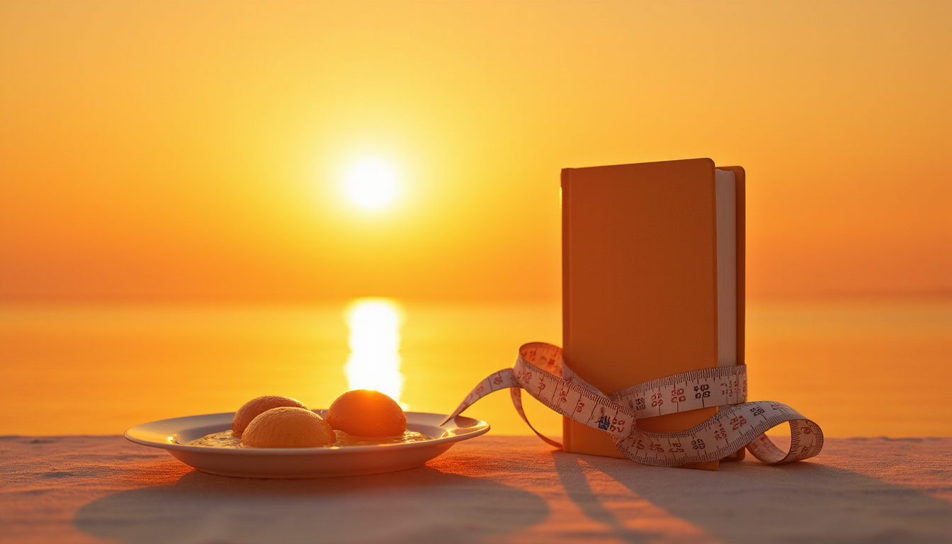  Slim silhouette with measuring tape, plate of eggs, energetic sunrise, motivational cookbook cover