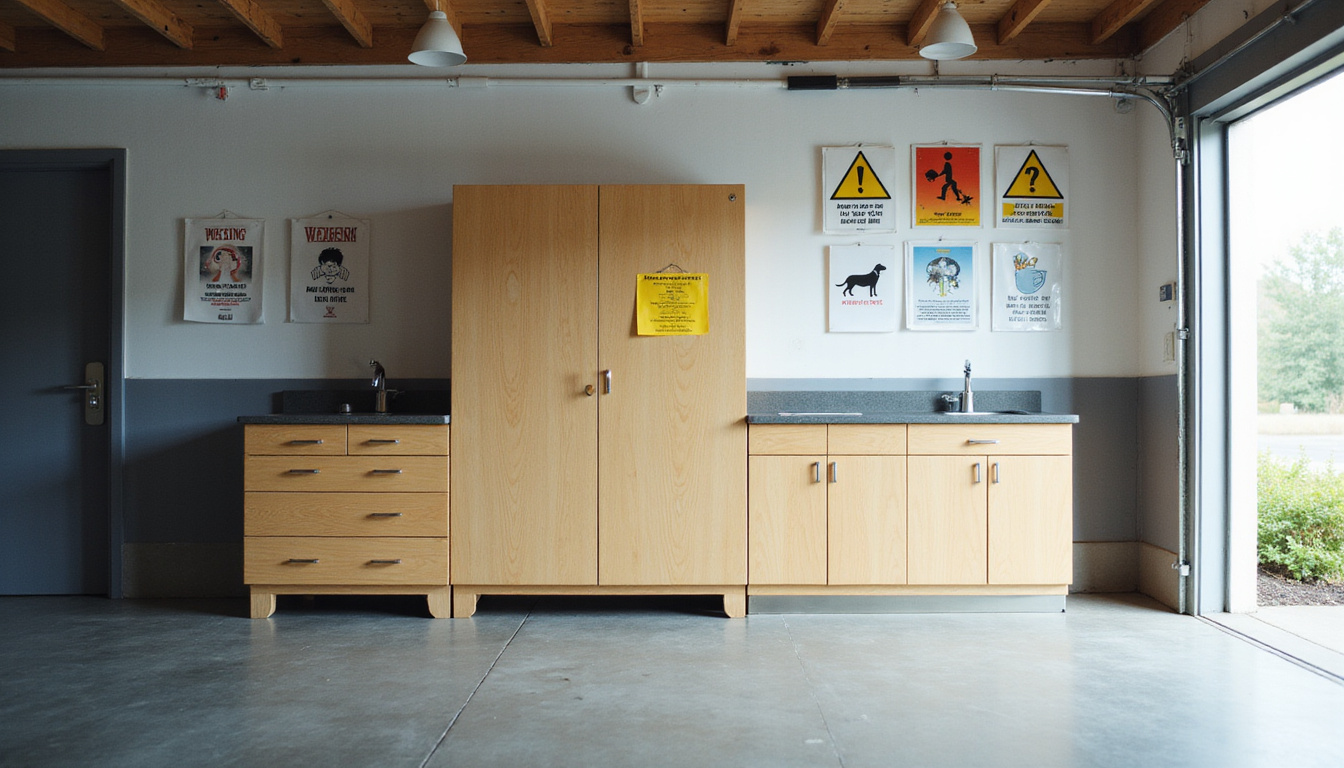 Storage scene: locked cabinet, clear hazard symbols, child and pet warning signs, sunlight-filtered garage