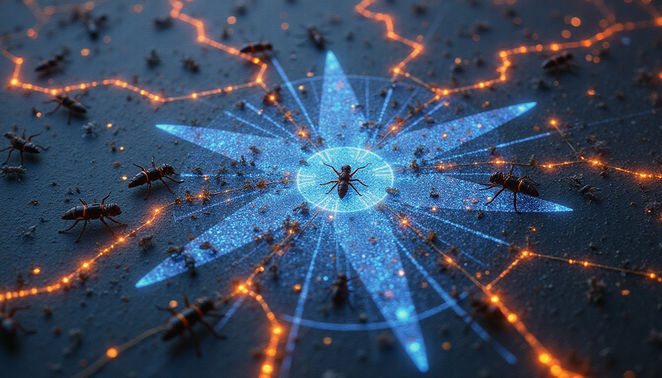 hive of insects and micro-drones collaboratively assembling vast glowing puzzle into city blueprint