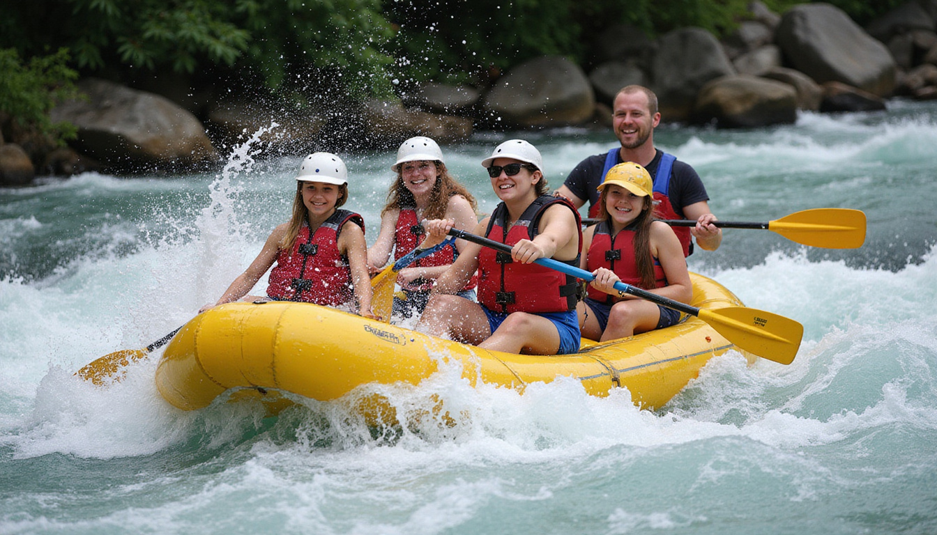  Smiling novices paddling through rapids, splash, guide shouting instructions, life jackets