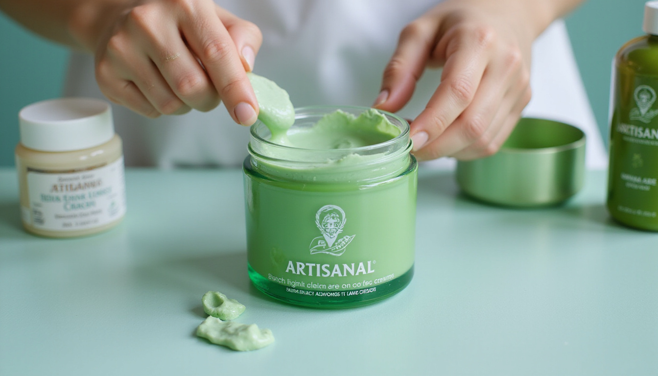 Artisanal vegan formulation lab hands mixing emerald cream sustainable packaging cruelty free emblem