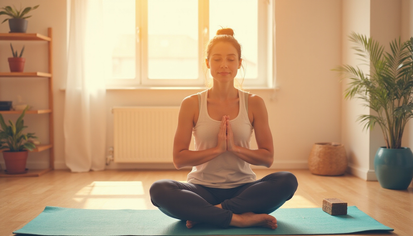  Person doing seated stretches on yoga mat, relieved expression, warm light, quick relief infographic