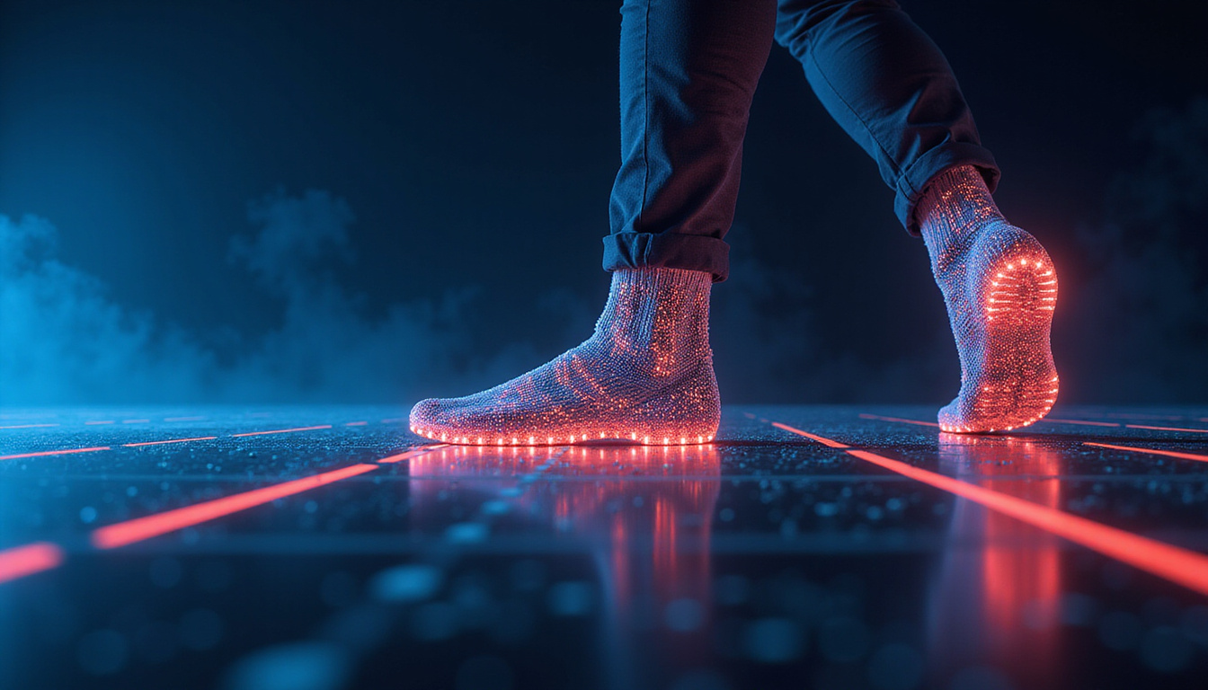  Futuristic infographic overlay showing optimal foot strike angles, glowing footprints, speed lines