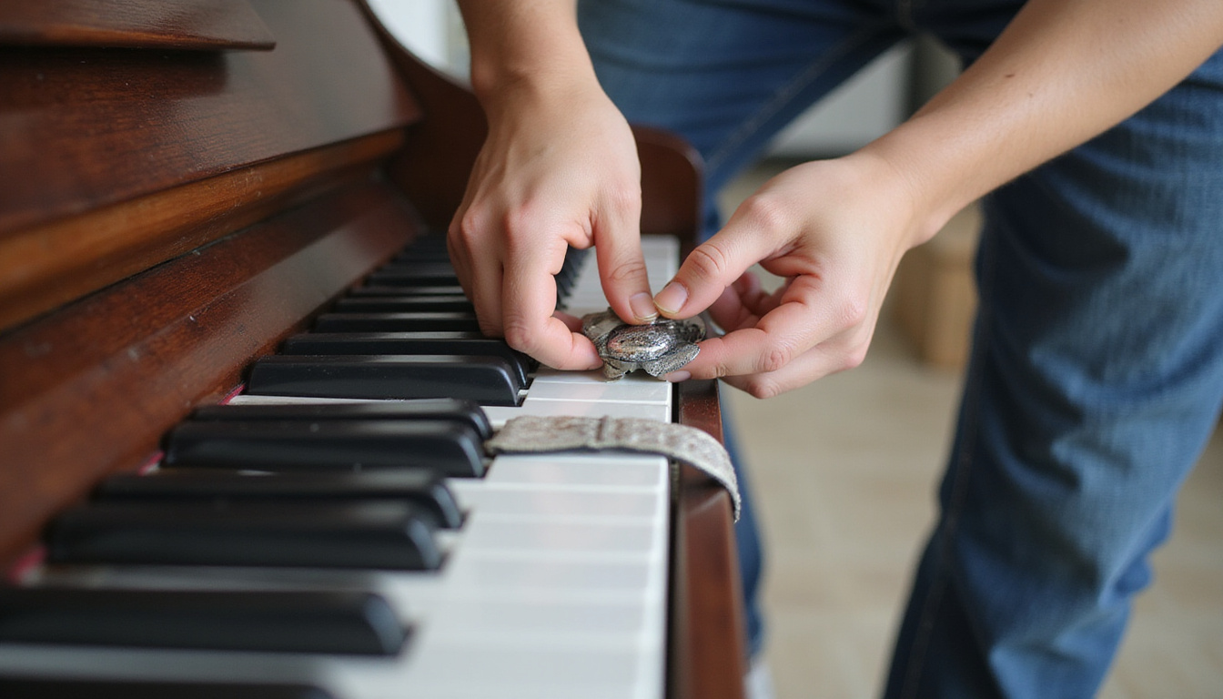  Close-up hands securing piano legs with padding and straps on stairwell, soft natural light