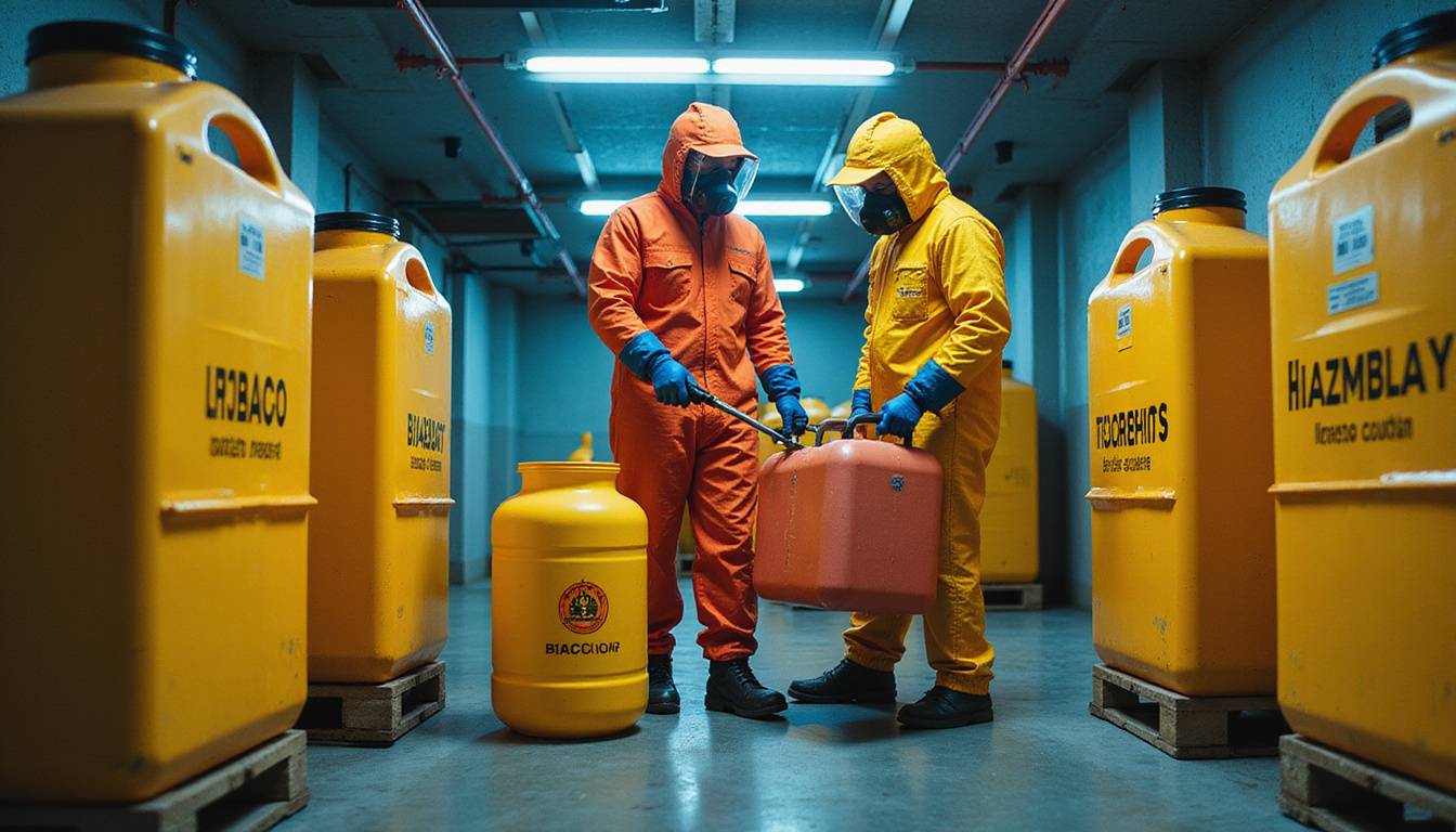  Hazmat team in protective suits sealing chemical containers, biohazard signs, dramatic low-angle composition