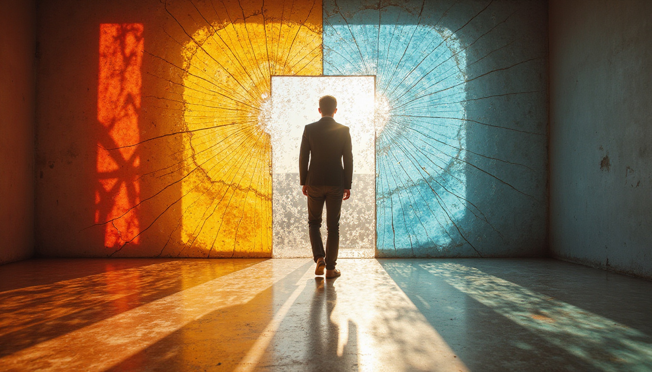  Person shedding shadows of doubt like cracked glass, strides into diverse rooms, radiant composure