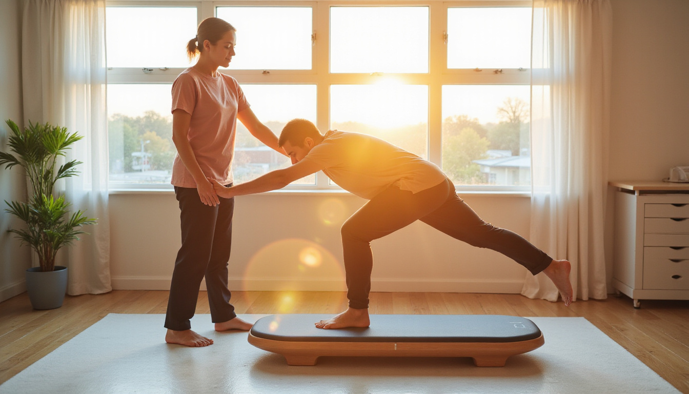  Patient doing guided physical therapy on balance board, supportive therapist, warm sunlight, optimistic recovery mood