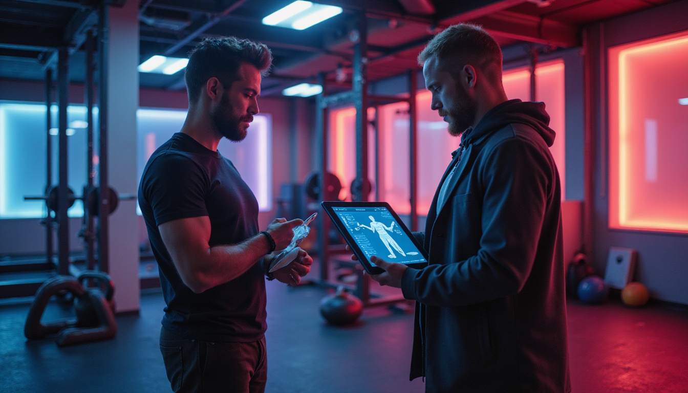  Modern training lab, coach analyzing muscle activation on tablet, kettlebell, barbell, neon accents