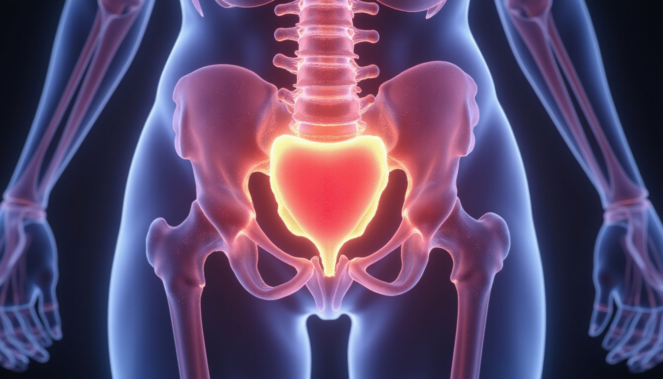  Stylized anatomical illustration of pelvic floor muscles glowing, educational overlay, comforting pastel tones