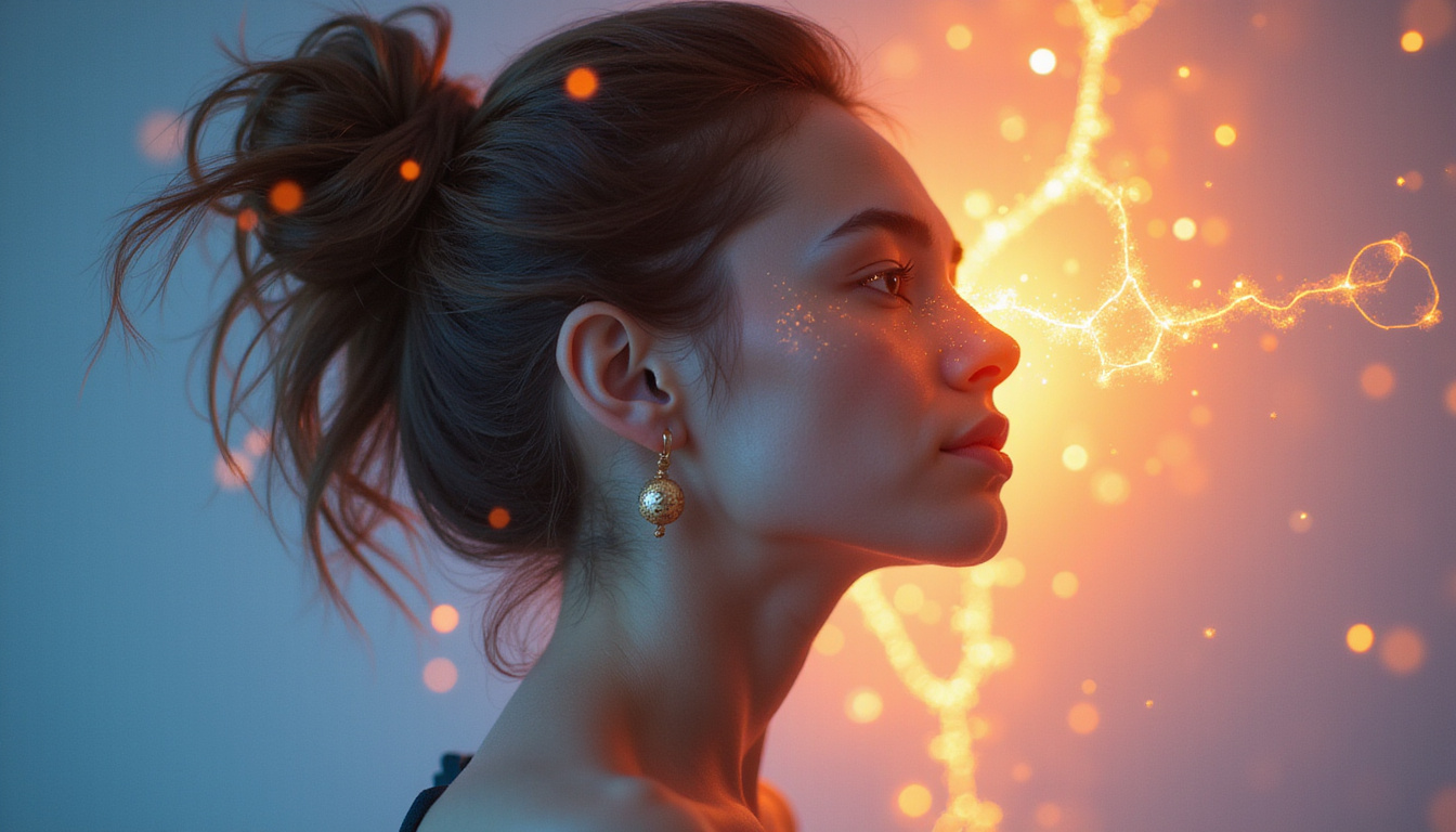  Serene woman with balanced hair strength, ethereal estrogen molecules, scientific icons, warm clinical lighting