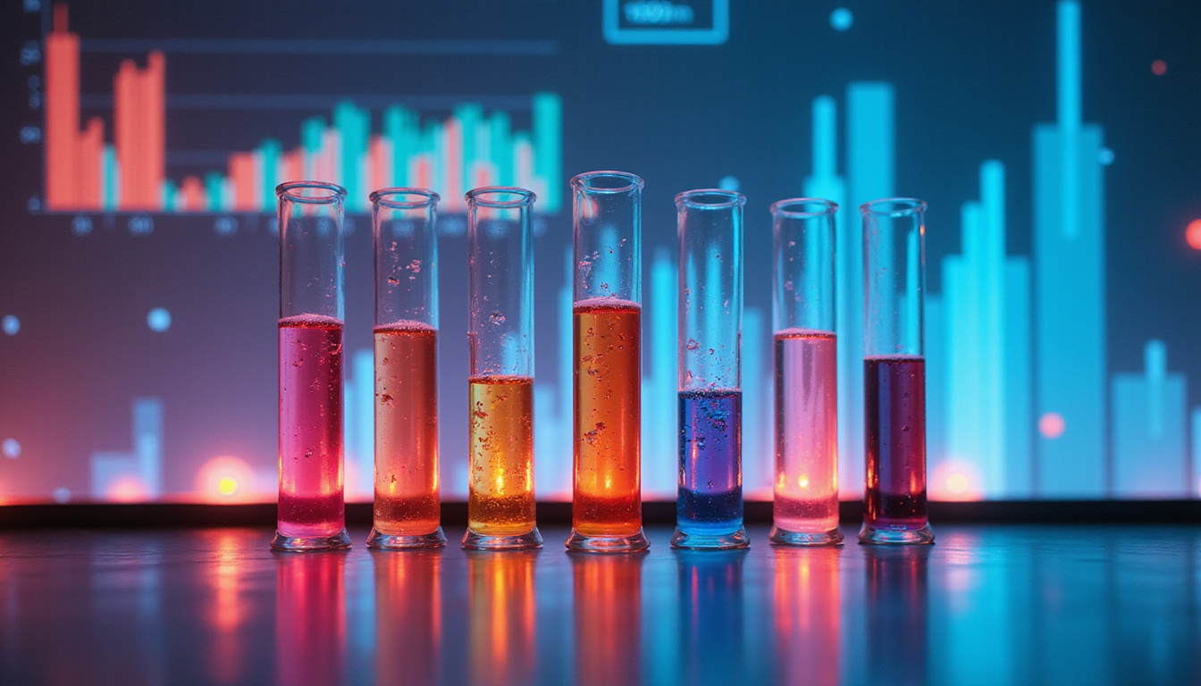  creative lab scene with test tubes labeled variants, heatmaps, conversion spikes, statistical graphs