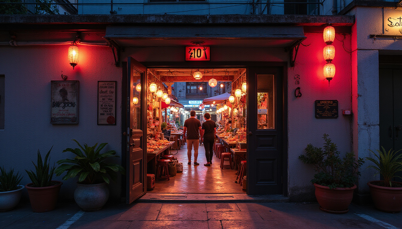 Urban rooftop loft doorway opening to secret night market alley, lanterns, locals laughing, cinematic neon