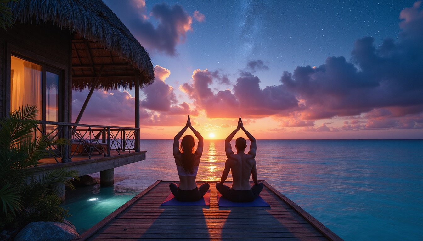 Couple practicing sunrise yoga on wooden deck, bamboo bungalows, bioluminescent ocean, starry sky
