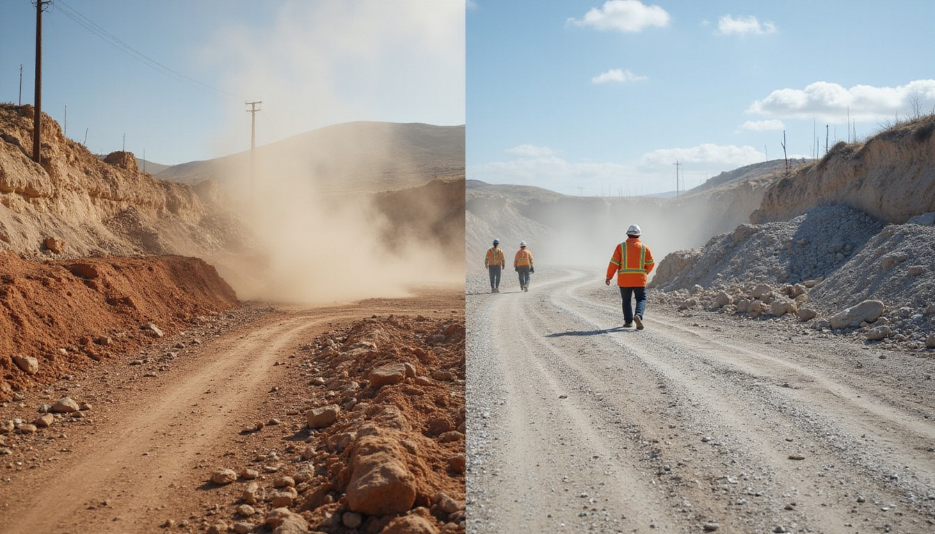  Before-and-after split image, dusty construction site transformed, cost-saving checklist, workers in safety gear