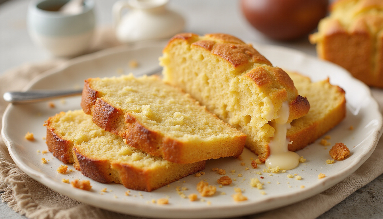 Close-up slice revealing soft airy crumb, butter melting, recipe cards and measuring spoons