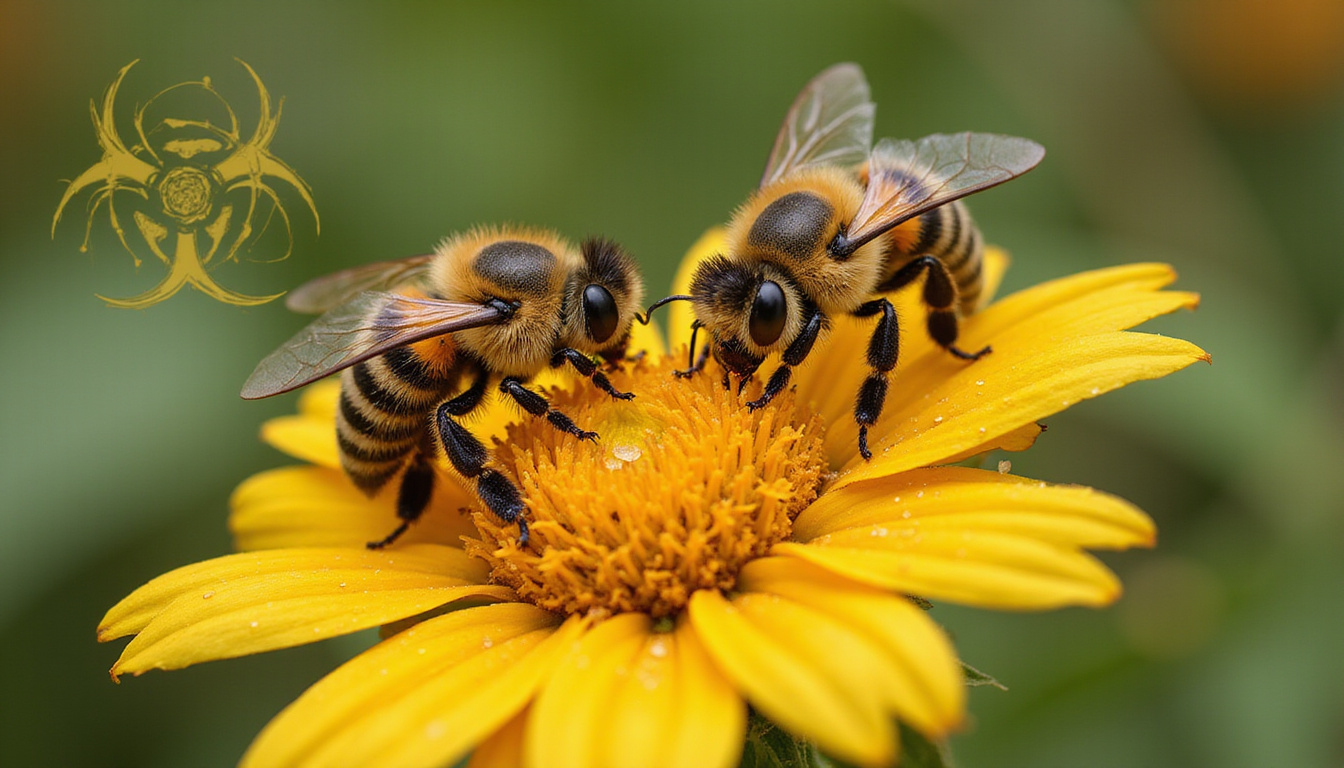  Close-up bees covered in pesticide droplets on wilting flower, toxic hazard symbol overlay