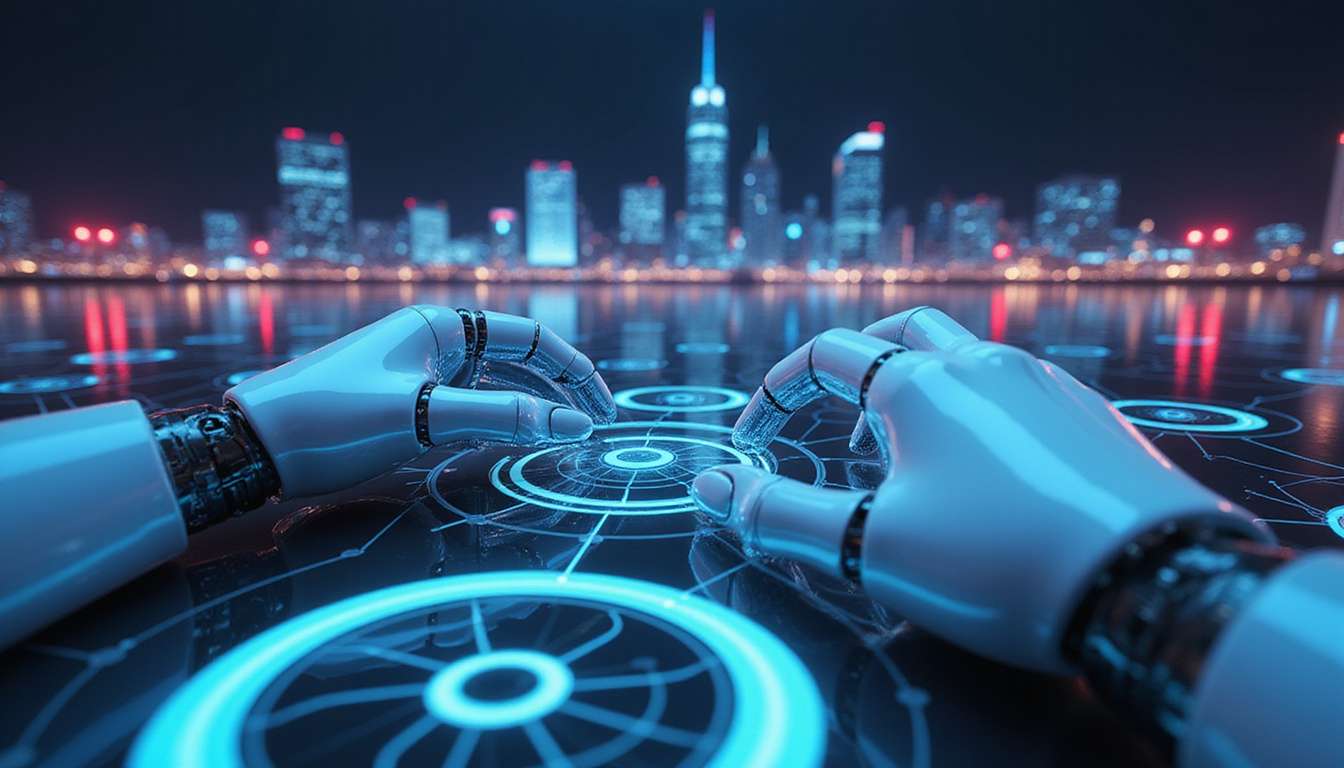  Robotic hands and translucent agents automating complex tasks, dynamic flowcharts, neon enterprise skyline