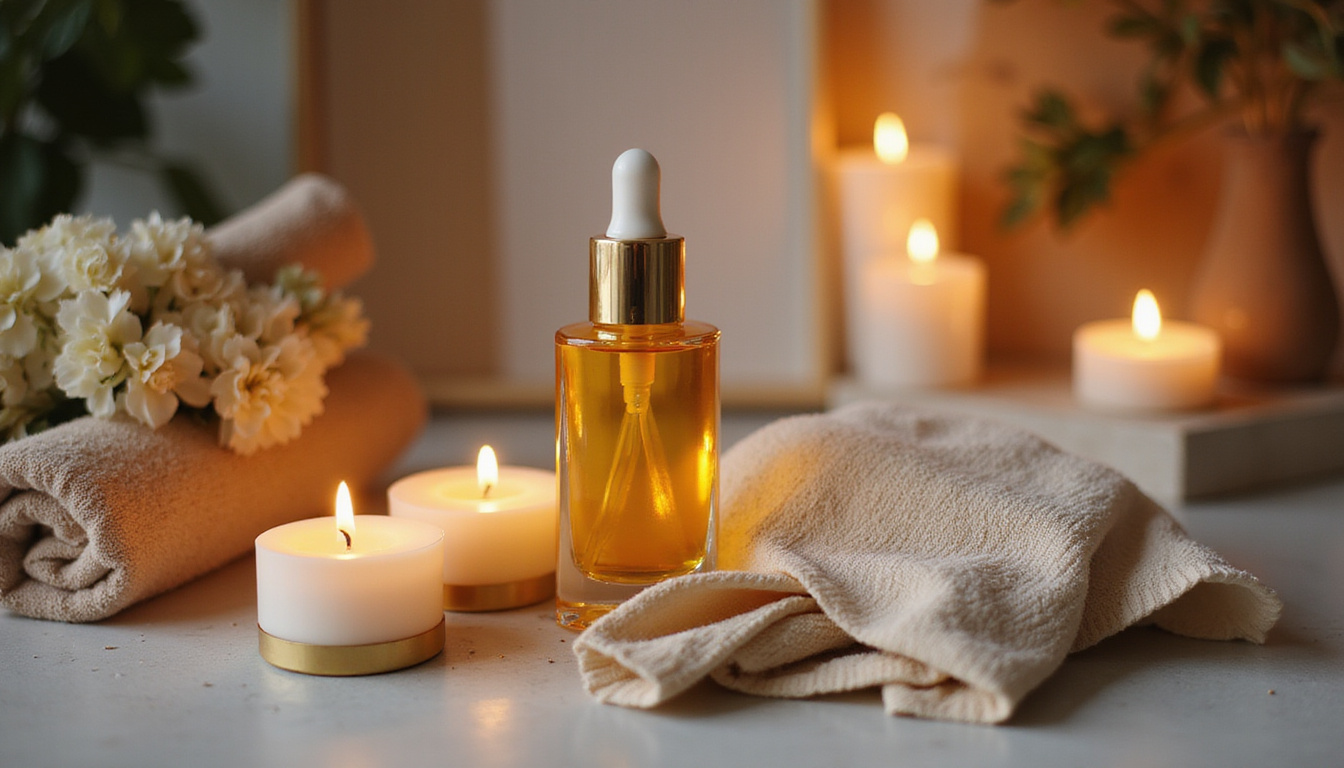  Ritualized at-home skincare: candlelit vanity, silk towels, gold serum, slow graceful application