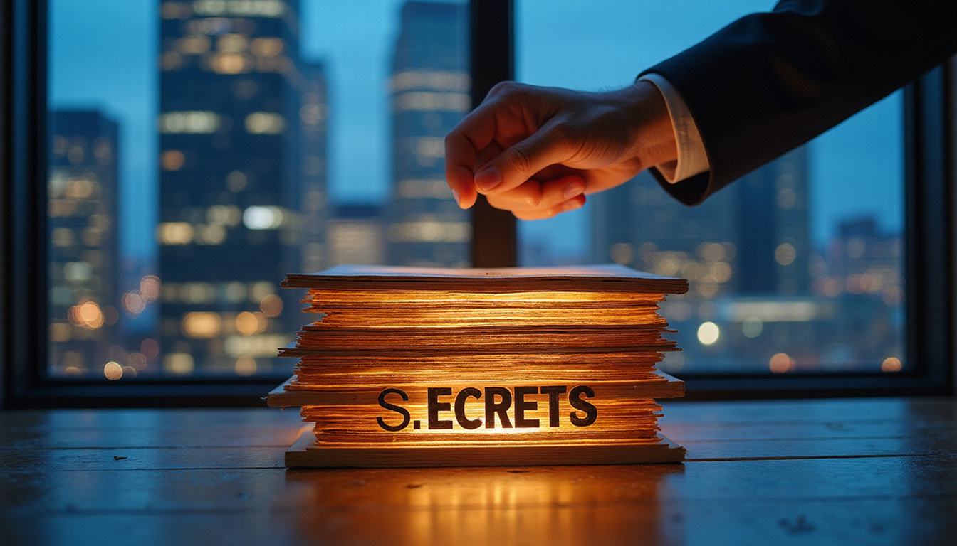 Stack of illuminated pages labeled "Secrets", handshake above, skyscraper investors, data charts swirling