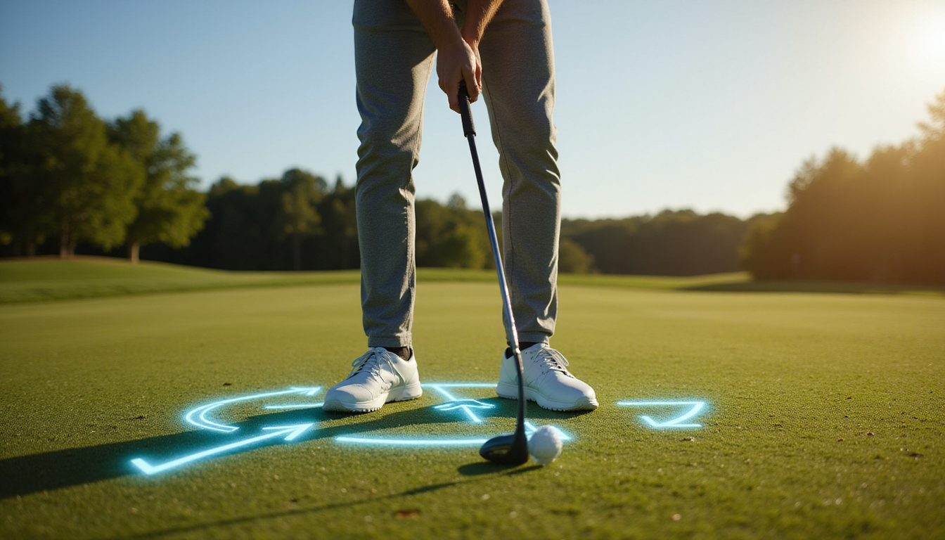  Golfer mid-swing on fairway, glowing orthotic soles projecting alignment arrows and biomechanics visualization