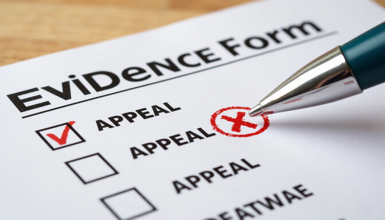  Close-up of evidence checklist, stamped appeal form, calendar circled deadline, realistic documentary style